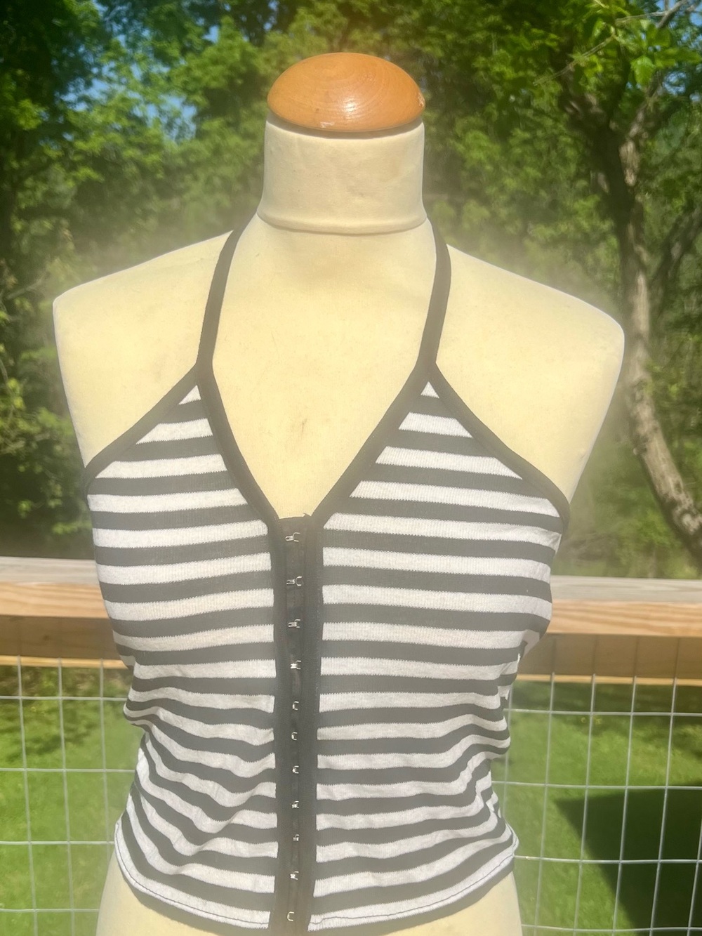 Moda International Black & White Striped Halter Tank with Front Hooks